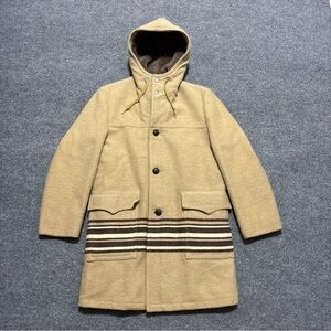Woolrich Tan Hooded Trench Coat with Brown & Cream Stripes